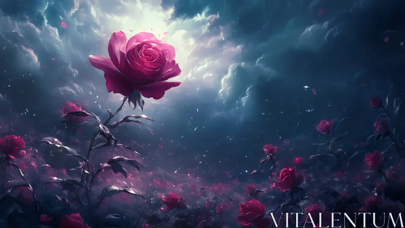 Radiant Rose Blooms Against Stormy Skies