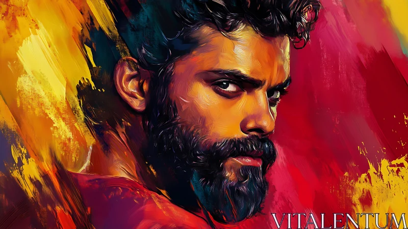 Storm-eyed gaze slices through molten strokes of color