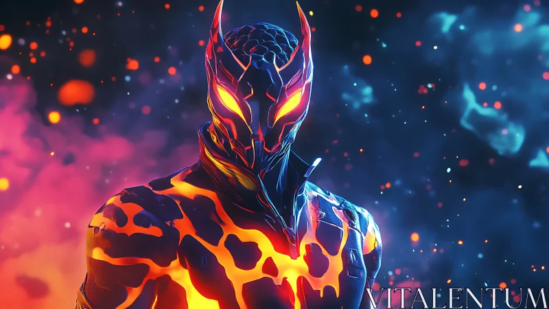 Lava armored cyber warrior in glowing molten battlefield.