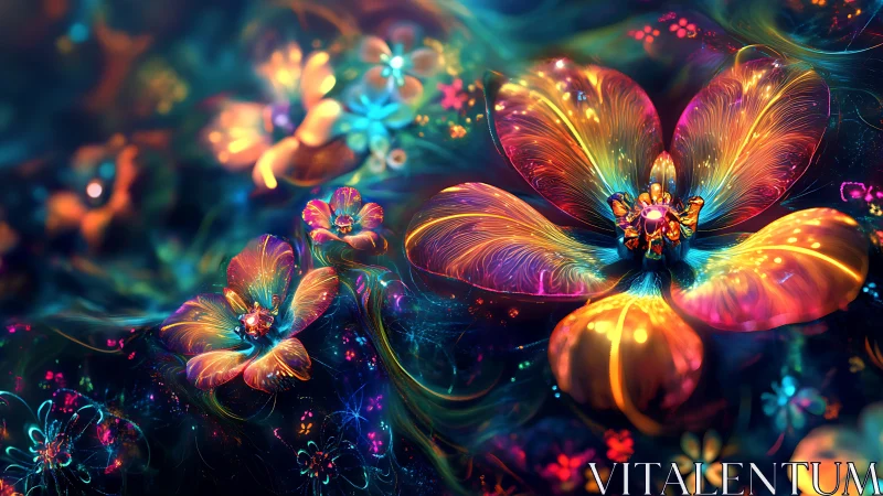 Multicolored digital blossoms in abstract luminous field.
