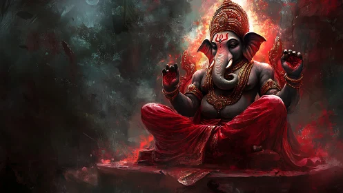 Digitally rendered Ganesha deity in high-contrast red tonal palette