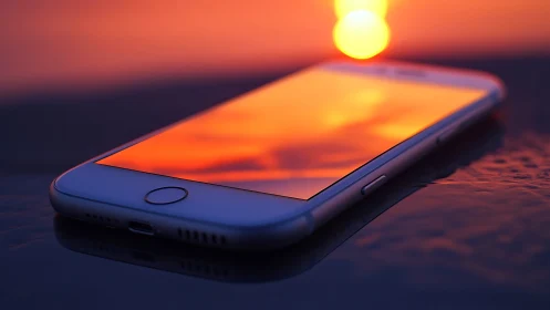 Mobile Device Sunset Reflection: Digital Rendering with Dramatic Golden Hour Lighting.