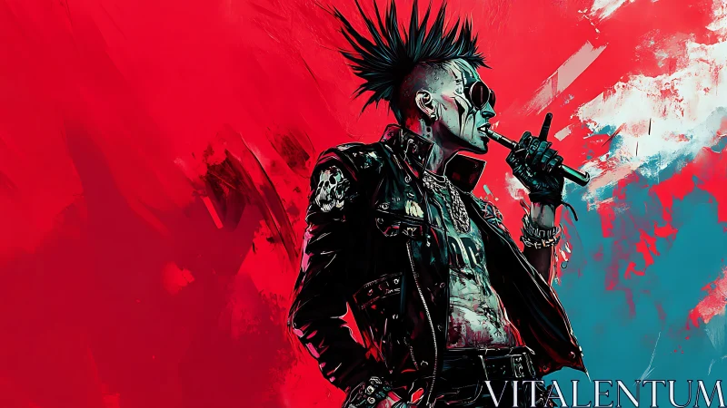 Cyberpunk punk smoking against red teal abstract backdrop