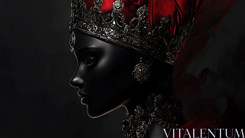 Dark regal profile with ornate crown and deep red veil.
