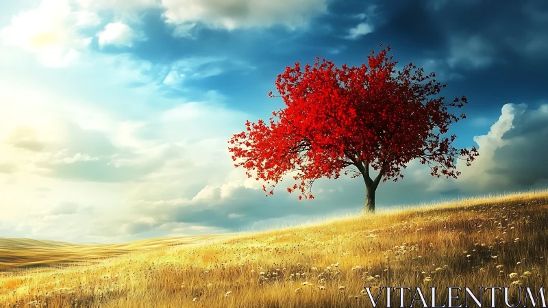 Solitary red tree on sunlit hillside under vivid sky.