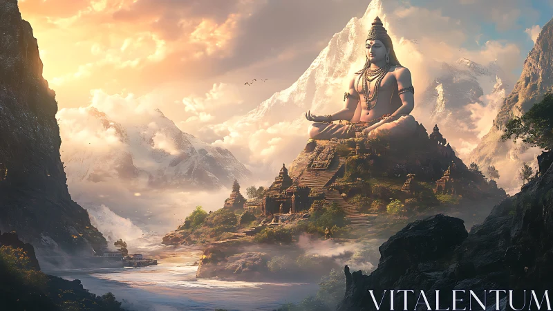 Colossal seated deity statue dominates misty mountain valley