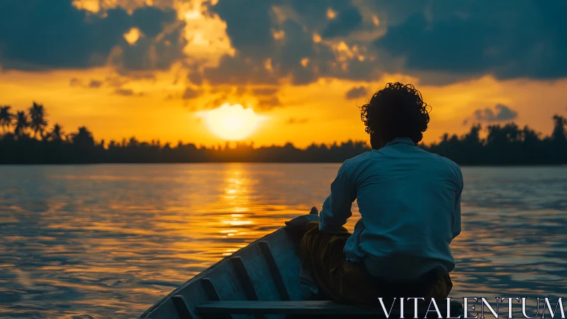Quiet sunset boat ride with a thoughtful solitary dreamer.