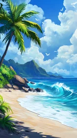 Tropical Paradise Beach. Palm-Lined Shore with Mountain Backdrop.