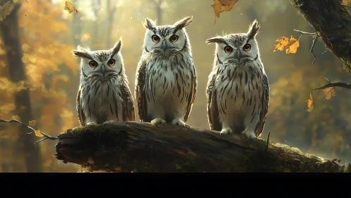Three owls perched on a branch in autumn forest, digital art.