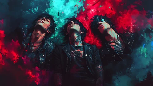 Neon-lit punk triptych drifts through electric color haze.