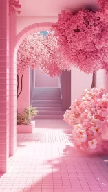 Dreamy pink courtyard where blossoms soften every corner.