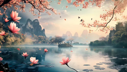 Serene lake with lotus blossoms and misty mountain peaks.