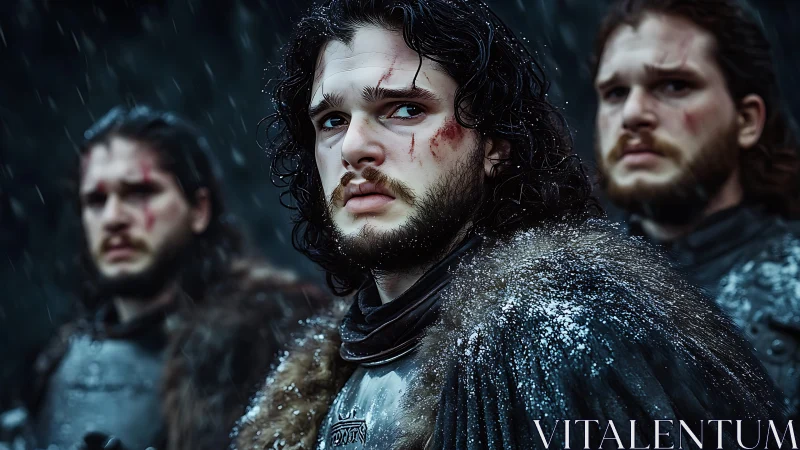 Wounded warrior in fur cloak flanked by armored men.