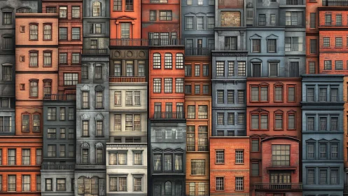 Dense grid of multicolored urban facades in elevation view.