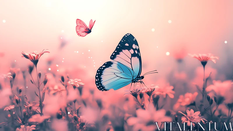 Soft sunrise meadow with dreamy blue and pink butterflies.