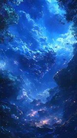 Vivid cosmic sky over glowing valley and shadowed cliffs.