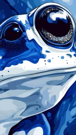 Close-up blue frog illustration with glossy eye detail.