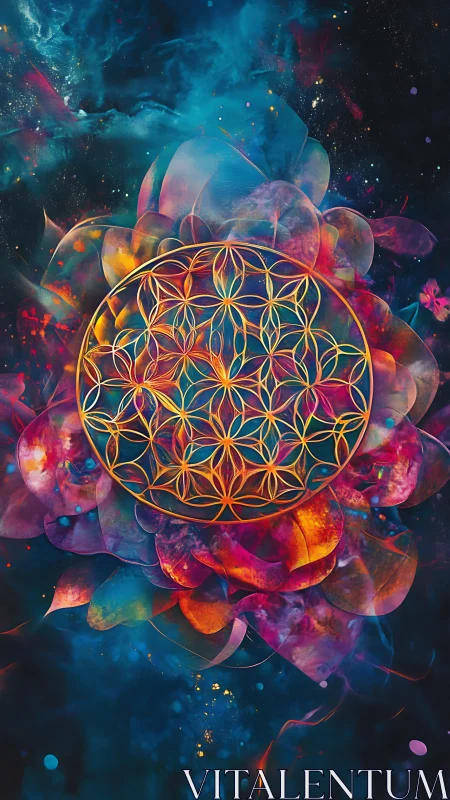 Luminous flower-of-life mandala over cosmic nebula field.