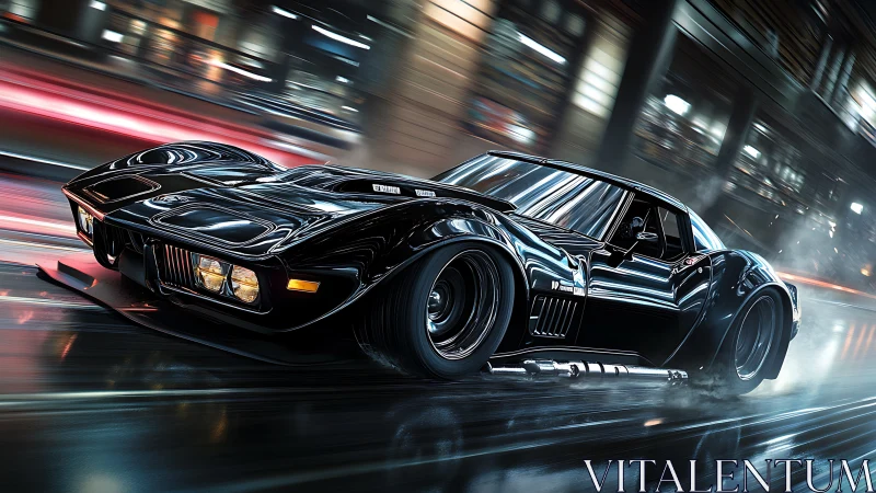 Black muscle car blasts through neon city streets at speed.