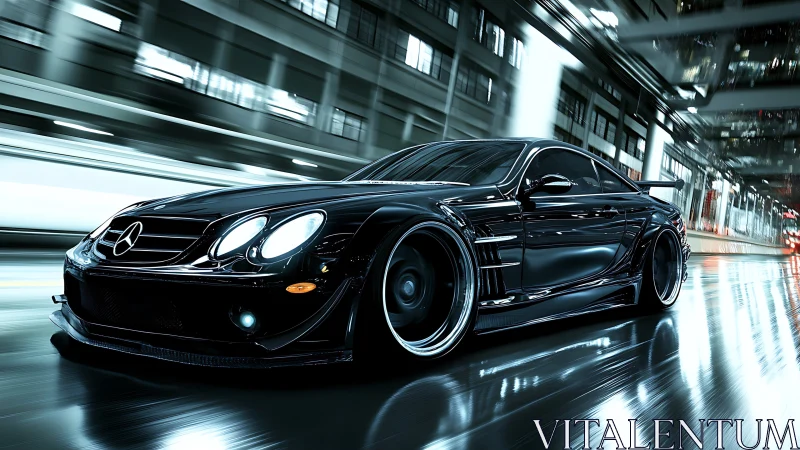 Sleek black sports car races through a neon city night