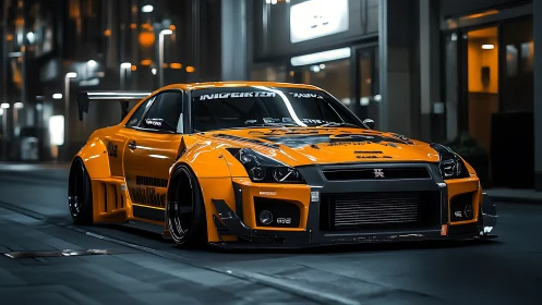 Modified orange Nissan GT-R sports car on urban night street.