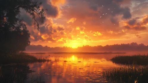 Sunset over calm lake with reeds and distant treeline.