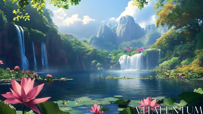 Mountain lake with waterfalls and lotus-covered foreground pond.