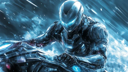 Cybernetic rider slicing through neon storm at velocity.