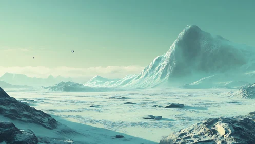 Icy plateau and distant mountains under pale green sky.