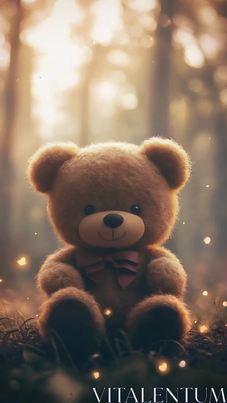 Soft-focus teddy bear portrait in glowing forest bokeh field.