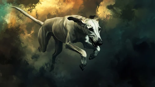 Dynamic sighthound in mid-stride against abstract clouded background