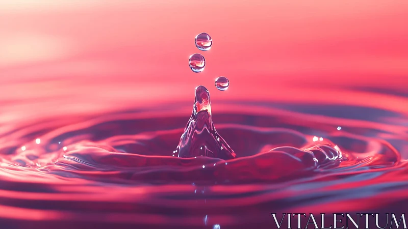 Water droplet crown and splash in pink fluid environment.