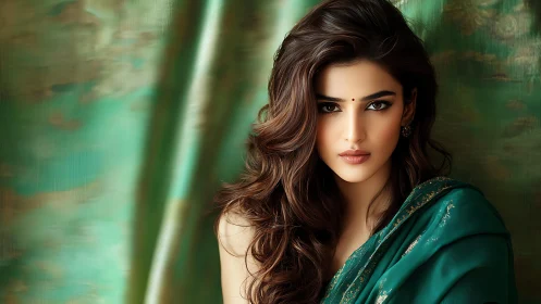 Elegant woman in teal saree gazes forward with quiet intensity