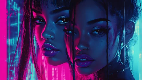 Neon-lit twin visages in hyperreal cyber glow portrait.