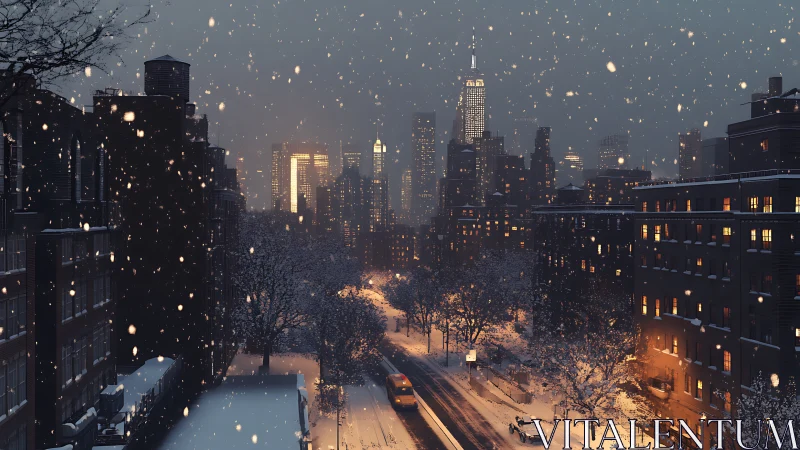 Nocturnal snowfield over midtown avenue light corridors.