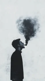 Silhouette profile exhaling dark smoke into empty space.