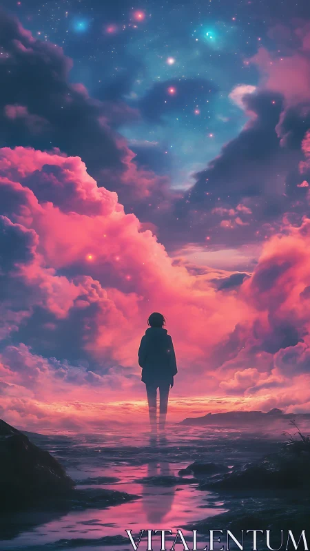 Silhouetted figure gazes into neon nebula sky and misty shore.