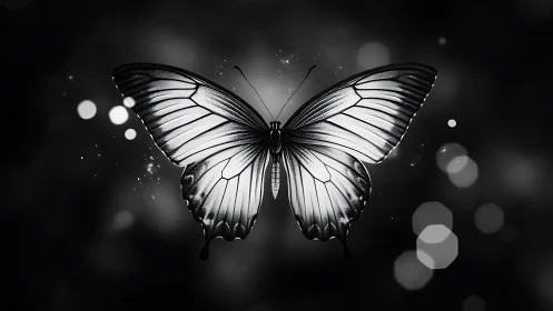 Monochrome butterfly rendered with high-contrast bokeh lighting effects