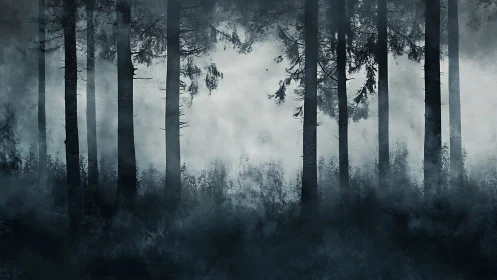 Fog-draped pines rehearse a silent ghost story at dawn