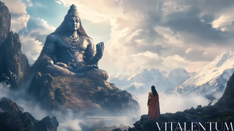 Mountain-sized deity breathes stillness into stormy skies