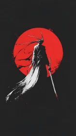 Lone samurai silhouette wandering beneath a blood red moon.