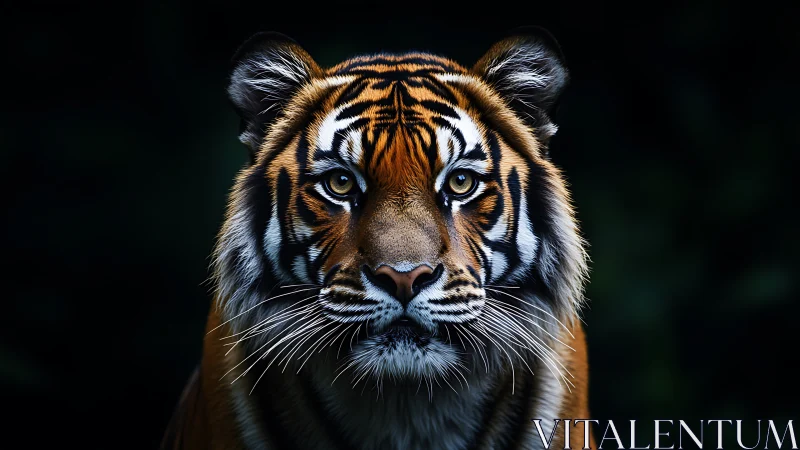 Tiger portrait with piercing gaze on deep black background.