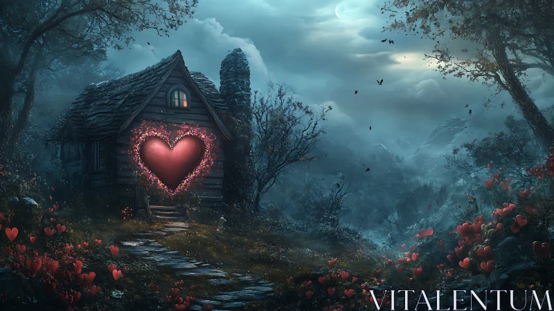 Forest Cottage with Illuminated Heart Motif.