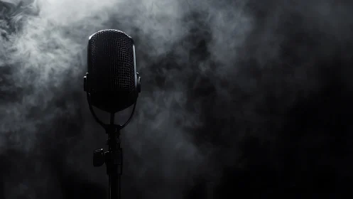 Studio vocal microphone in dramatic low key atmospheric haze