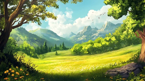 Mountain valley meadow under clear daylight conditions.