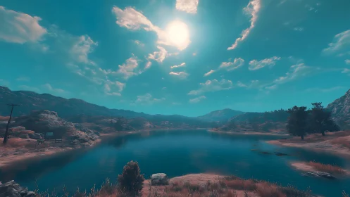 Digital desert lake under strong midday sun glow.