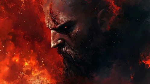 Scarred bearded male profile emerges from fiery darkness