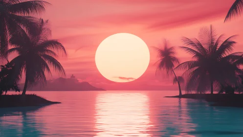 Neon sun descends over tranquil synthwave island lagoon.
