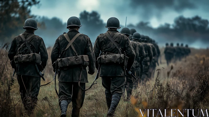 Soldiers march through misty autumn field toward distant front
