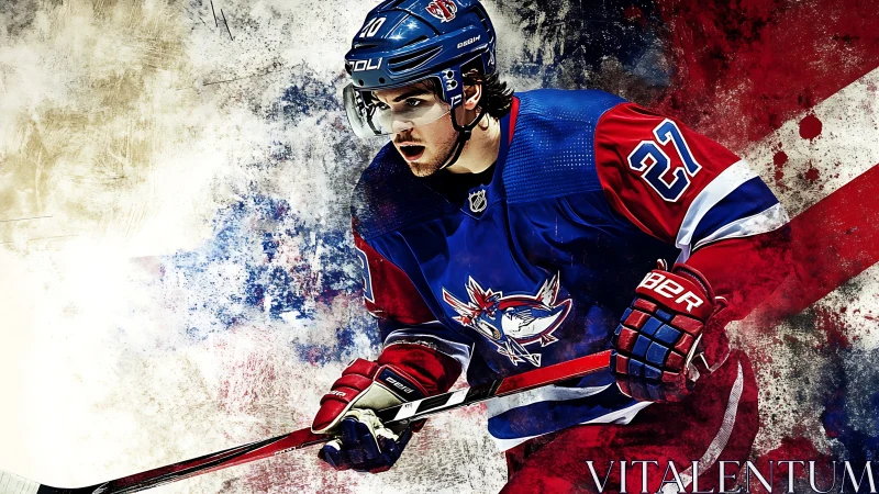 Dynamic ice hockey forward charges across abstract rink.